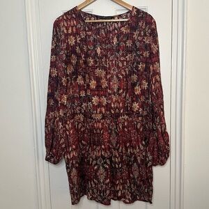 Peruvian Connection Silk Blend Tunic Long Sleeve Dress Red Floral Abstract 14